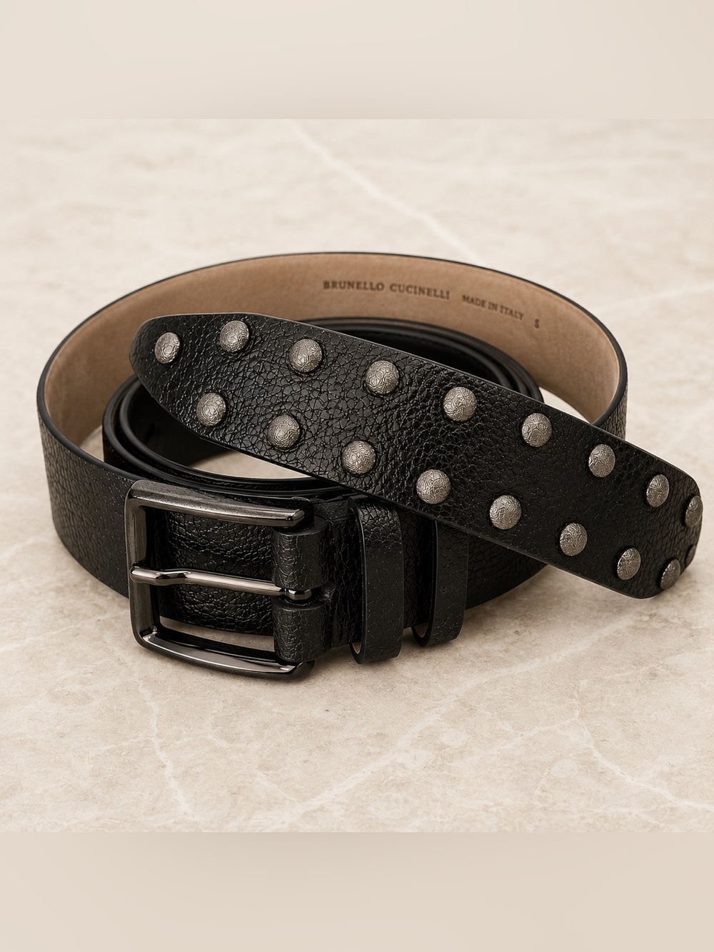 Brunello Cucinelli Black Studded Leather Belt Size S Italy + Pouch
